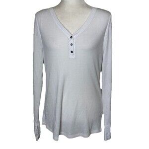 Women's White‎ Ribbed Henley Top Long Sleeve Casual Basics Capsule Wardrobe XL